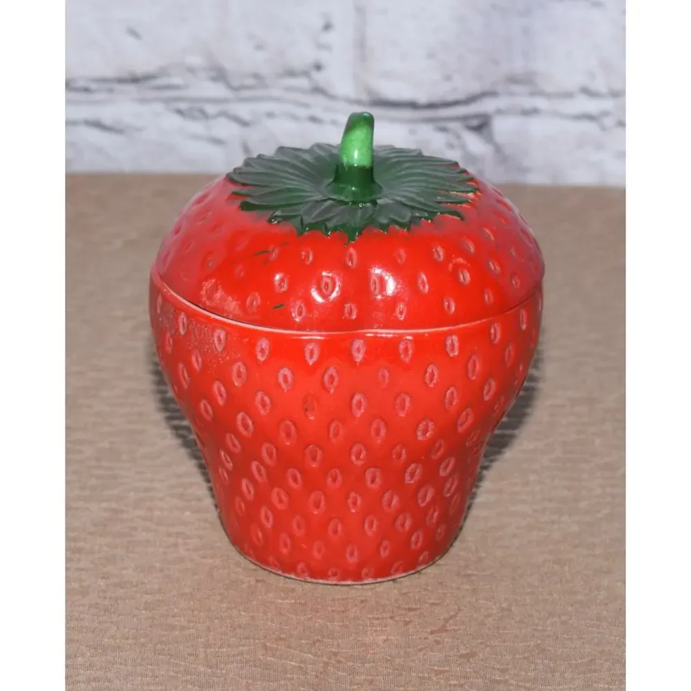 Vintage Hazel Atlas Milk Glass Red Strawberry Jam Jelly Marmalade Lidded Jar